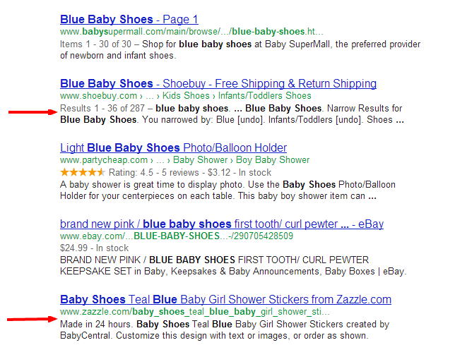 Examples of meta descriptions in search results