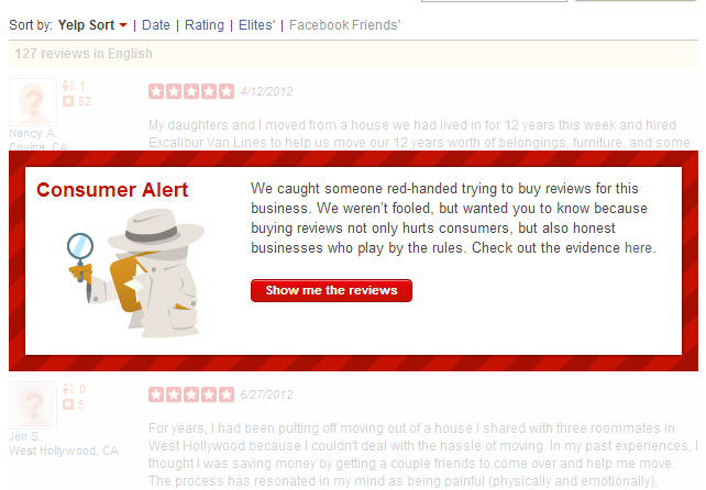 Example of Yelp's new warning about buying reviews