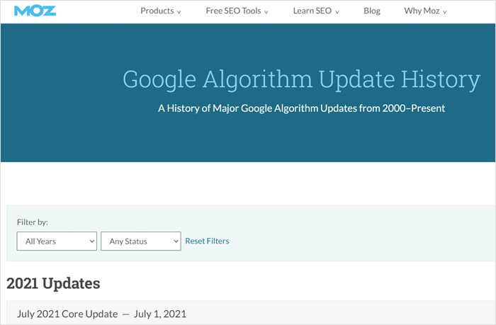 Google Algorithm Update History page from Moz
